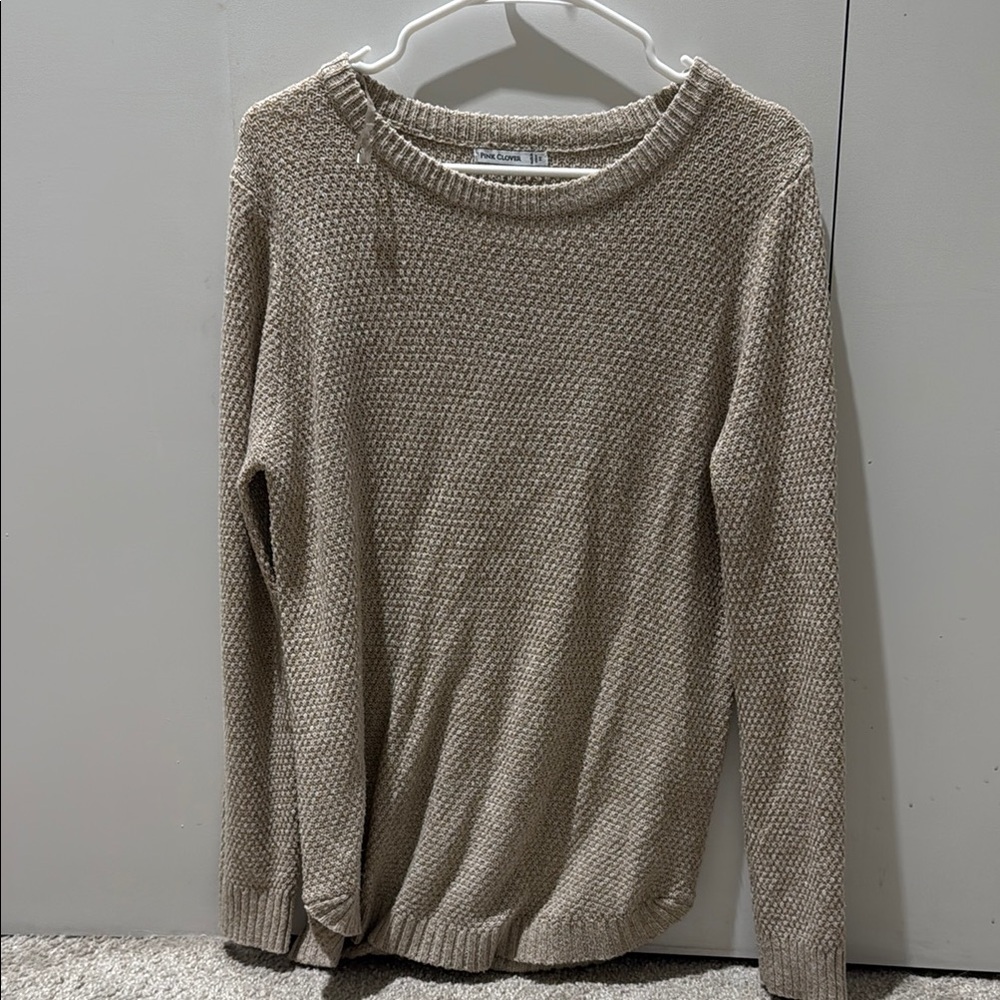 Pink Clover Tan Crew Neck Sweater Soft Knit Medium Weight